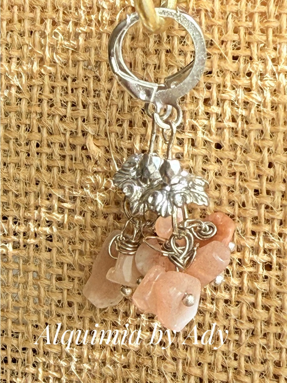Peach moonstone Stone Cluster Drop Earrings with Silver Floral Accents